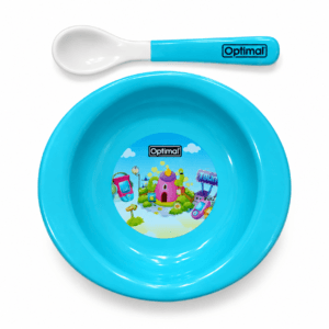 Optimal OPB-1010 blue baby feeding bowl and spoon on white background