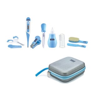 Optimal OPB-1075 Blue baby care set tools and zip case on white