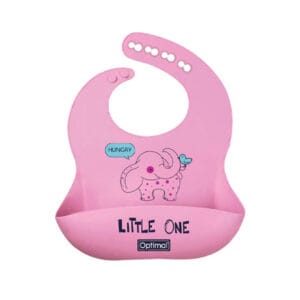 Optimal OPB-1129 pink silicone baby bib with elephant graphic, Little One print and catch pocket on white