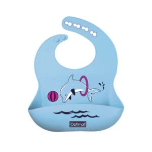 Optimal OPB-1130 blue silicone baby bib with dolphin print and catch pocket on white