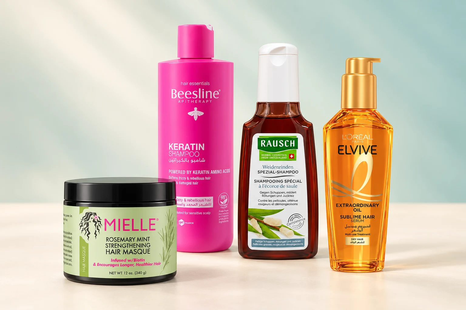 Hair care products from Beesline, Rausch, L’Oréal Elvive and Mielle on a light cream and sage background