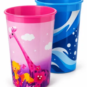 Optimal baby plastic cups 310 ml two pack pink giraffe cup and blue cup isolated on white background