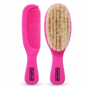 Optimal OPB-1082 pink natural bristles baby brush and comb isolated on white