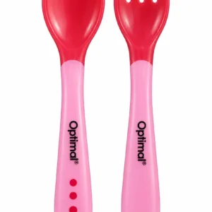 Optimal pink heat-sensing spoon and fork set isolated on white