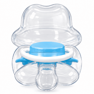 Optimal OPB-1047 blue single pacifier with clear protective cover on white