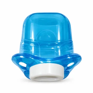 Optimal OPB-1434 blue silicone orthodontic pacifier with cover on white