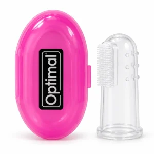 Optimal OPB-0275 pink baby silicone finger toothbrush and case isolated on white